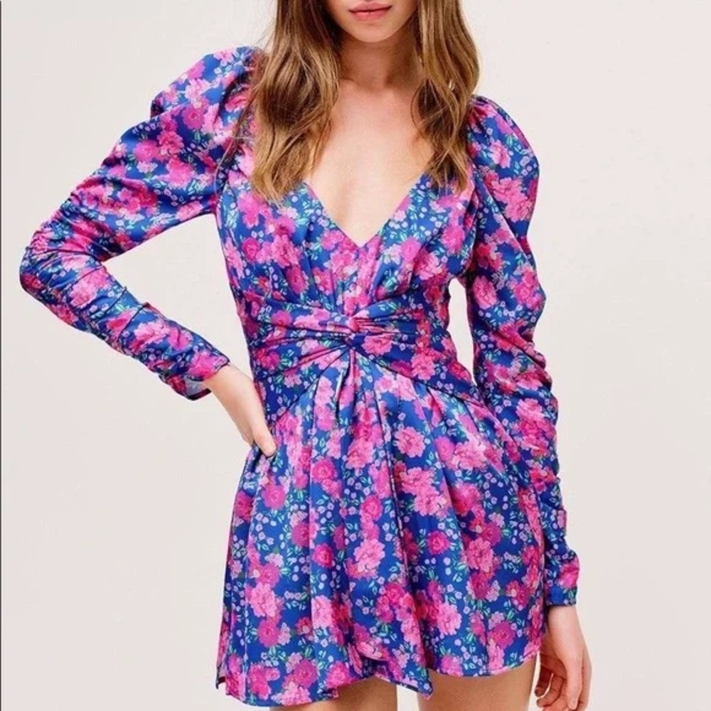 For Love & Lemons Annie Mini Dress- Blue Floral Ling Sleeve Open Back Dress
